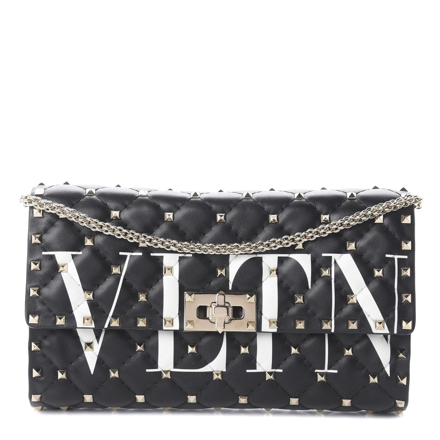 Lambskin VLTN Print Rockstud Spike Wallet On Chain Black