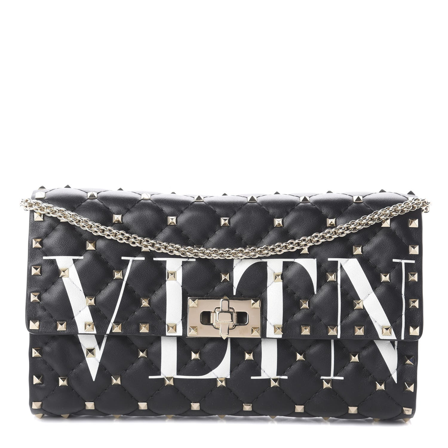 Valentino Garavani Lambskin VLTN Print Rockstud Spike Wallet On Chain Black 1 of 8