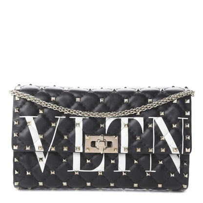 Valentino Garavani Lambskin VLTN Print Rockstud Spike Wallet On Chain Black 1 of 8