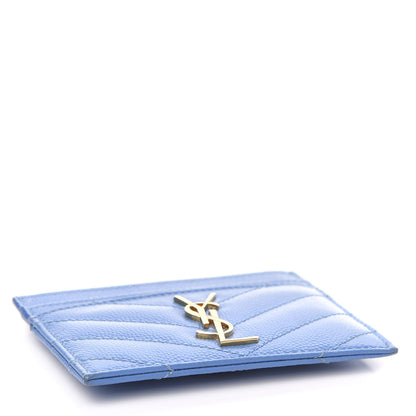 Saint Laurent Grain De Poudre Matelasse Monogram Credit Card Case Blue Clair 4 of 8