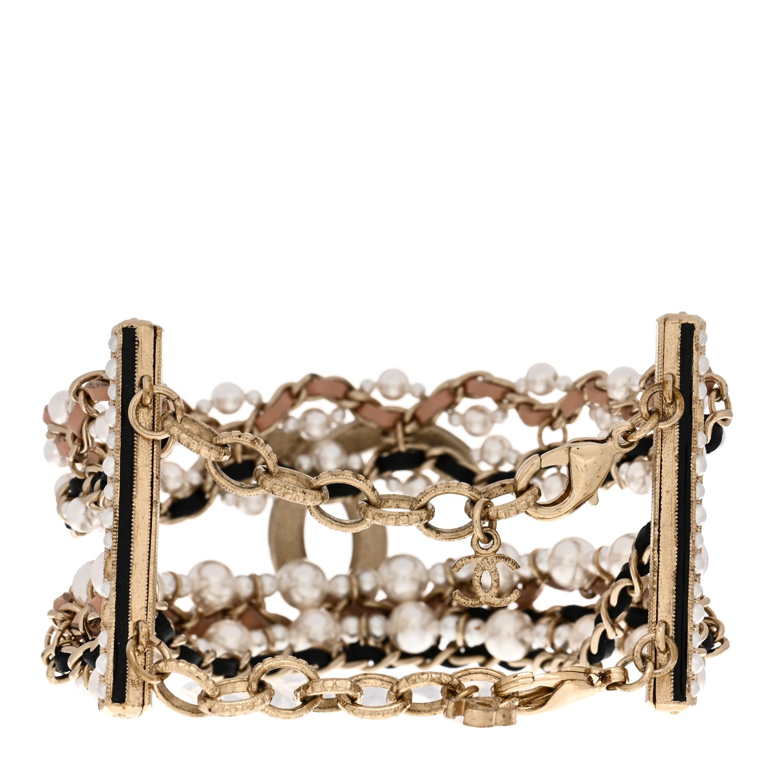Chanel Pearl Lambskin CC Multistrand Bracelet Gold Black Beige Pink 3 of 6