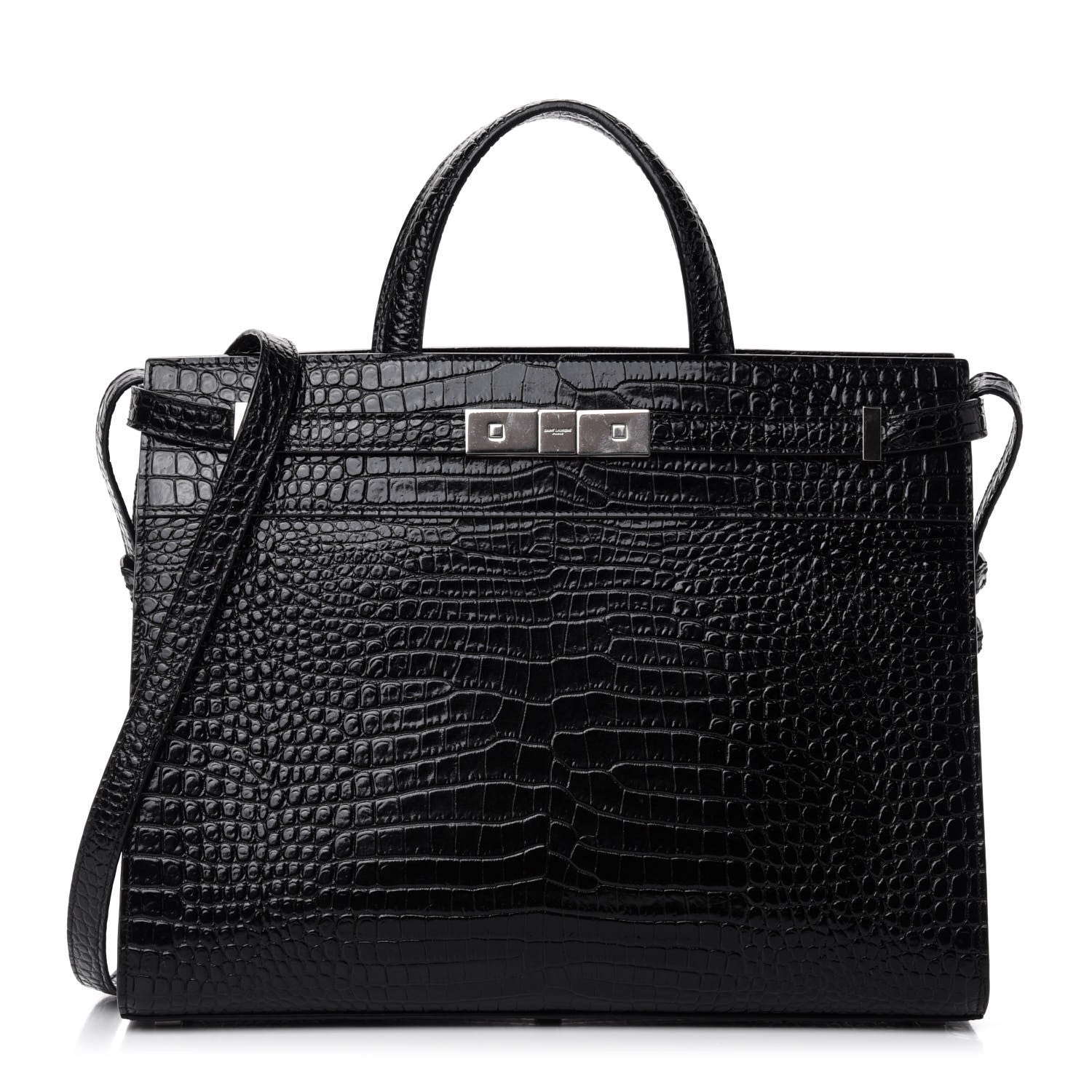 Saint Laurent Shiny Calfskin Crocodile Embossed Small Manhattan Shopper Tote Black 1 of 11