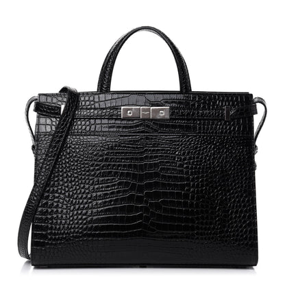 Saint Laurent Shiny Calfskin Crocodile Embossed Small Manhattan Shopper Tote Black 1 of 11