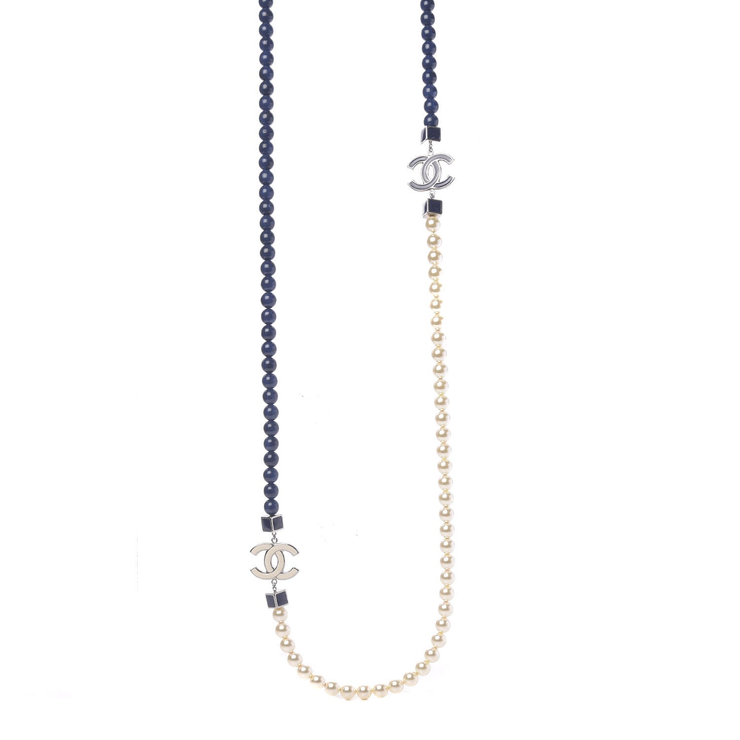 Chanel Pearl Beaded Enamel CC Long Necklace Navy Silver 1 of 6