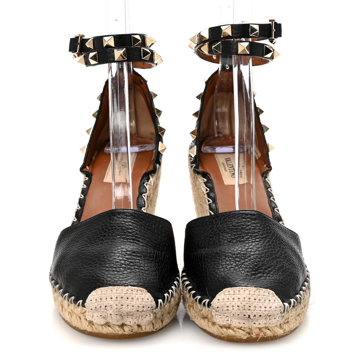 Valentino Garavani Grained Calfskin Rockstud Ankle Wrap Espadrille 15/85mm Wedges 37 Black Light Cuir 3 of 10
