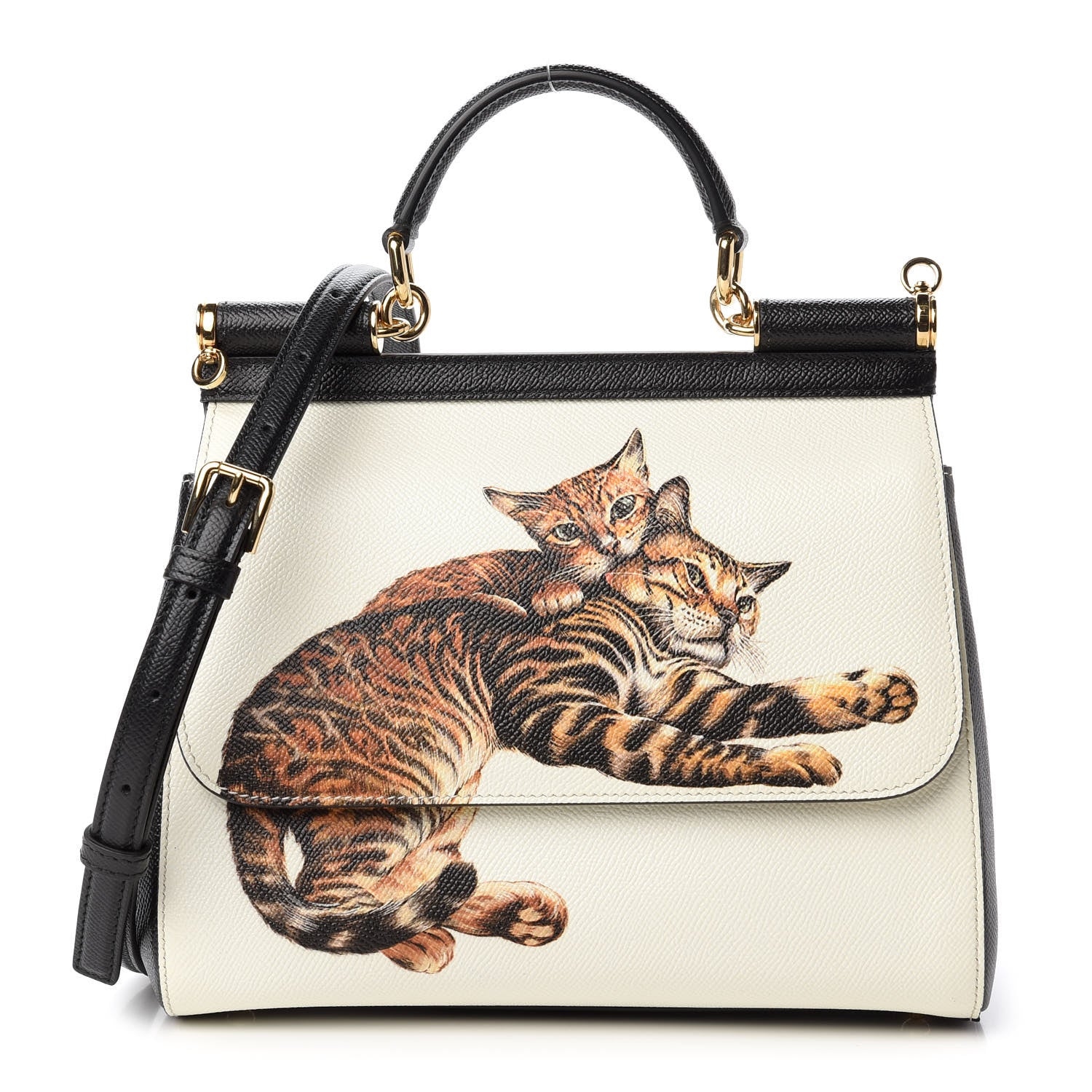 Dolce & Gabbana Dauphine Kitten Print Medium Miss Sicily Satchel White Black 1 of 11