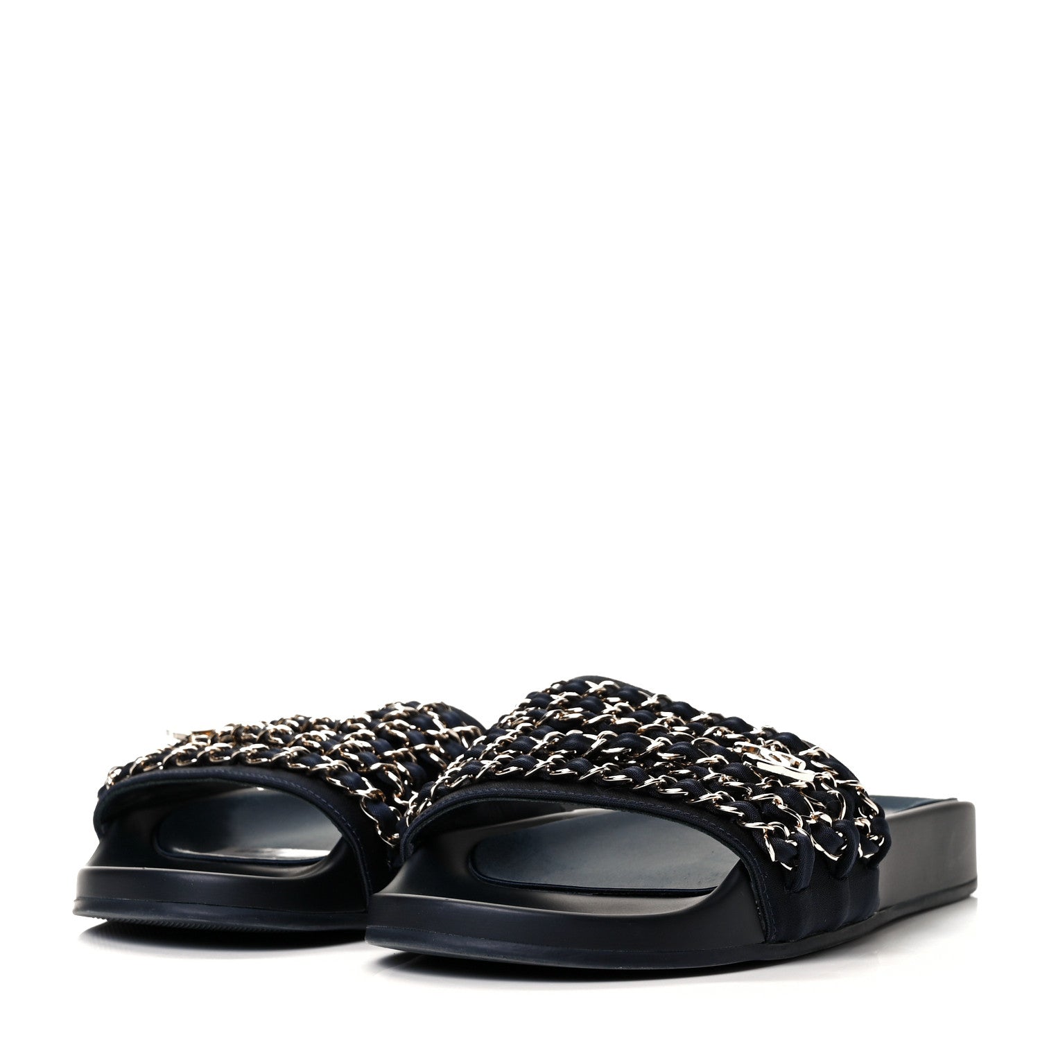 Chanel Satin Canvas Chain Slides Sandals Flats 36 Marine 3 of 9