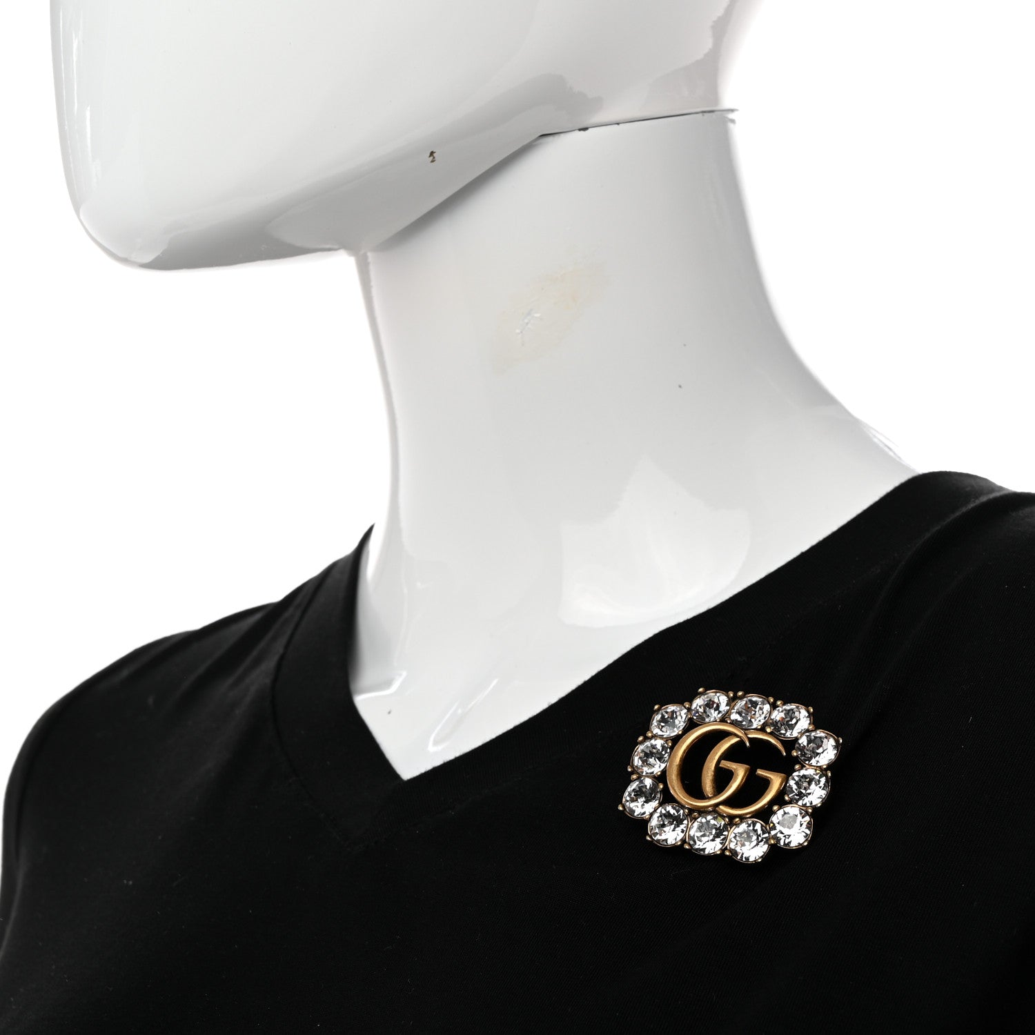 Gucci Metal Crystal Double G Brooch Aged Gold 2 of 4