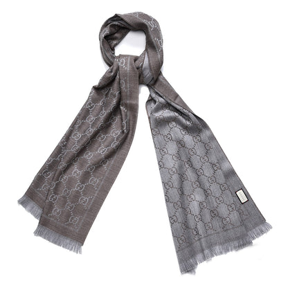 Gucci Wool Jacquard GG Monogram Sten Fringe Scarf Taupe Light Grey 1 of 5