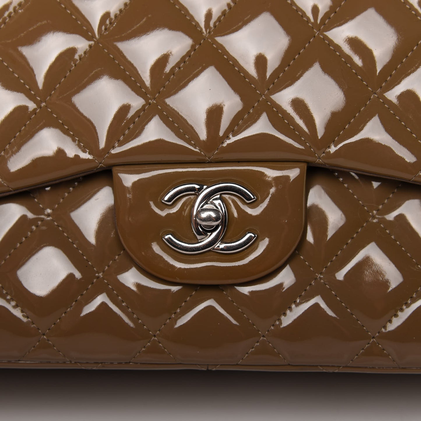 Patent Quilted Jumbo Double Flap Dark Beige