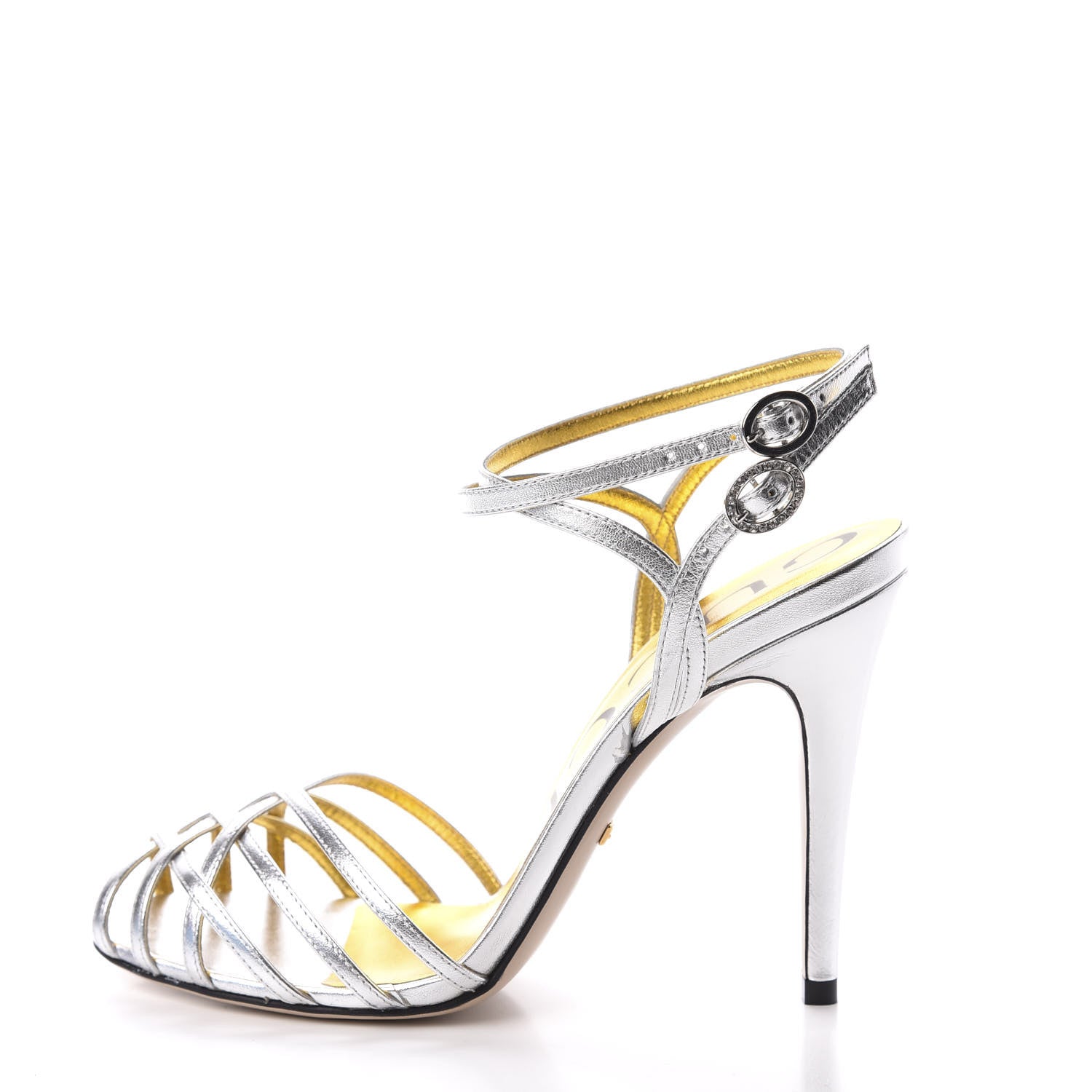 Gucci Patent Draconia Ankle Strap Sandal 37.5 Silver 1 of 9