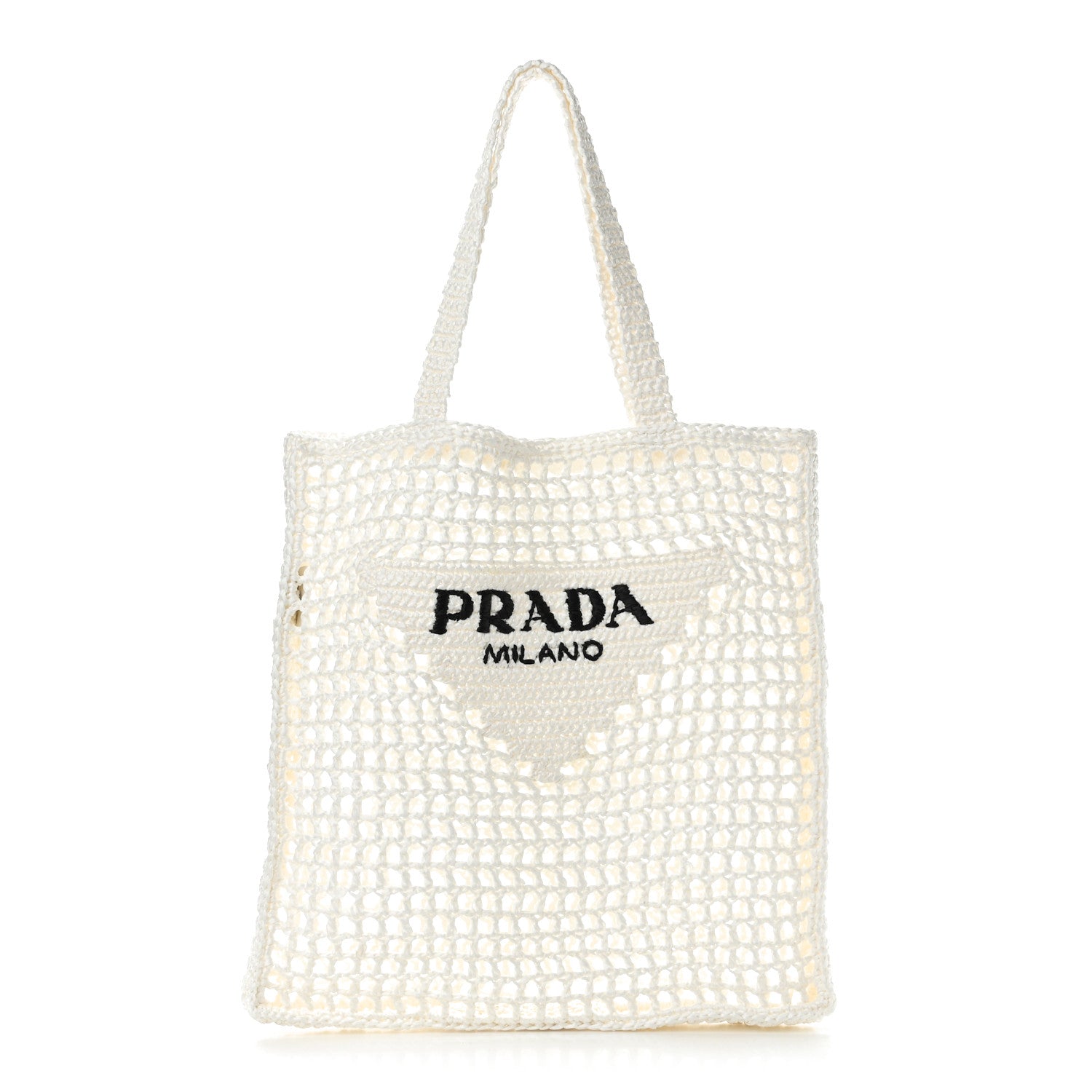 Prada Yarn Raffia Effect Crochet Logo Embroidered Tote Bag White 1 of 8