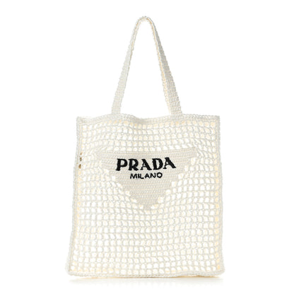 Prada Yarn Raffia Effect Crochet Logo Embroidered Tote Bag White 1 of 8