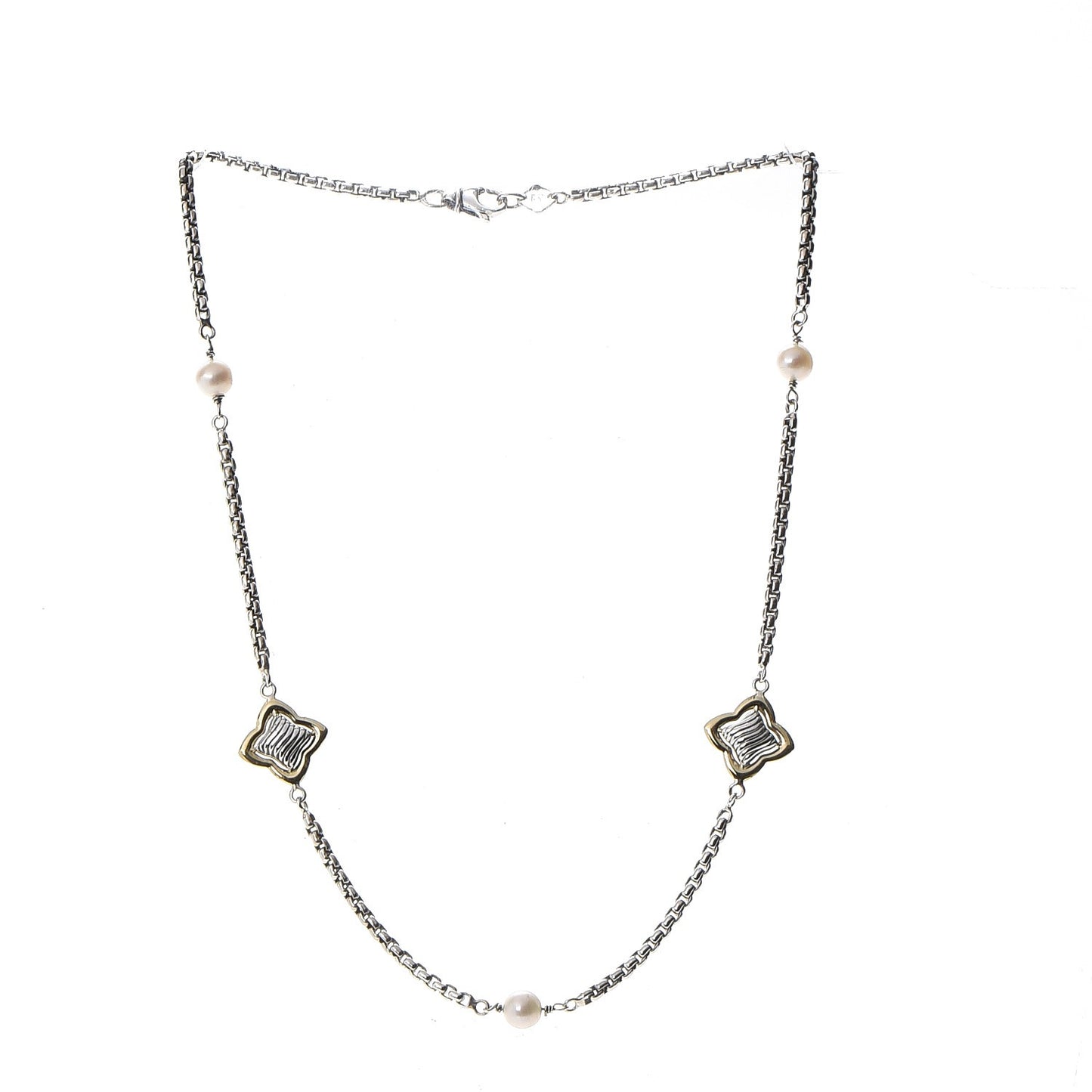 Sterling Silver 18K Yellow Gold Pearl 14mm Quatrefoil Station Necklace