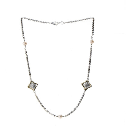 David Yurman Sterling Silver 18K Yellow Gold Pearl 14mm Quatrefoil Station Necklace 3 of 6