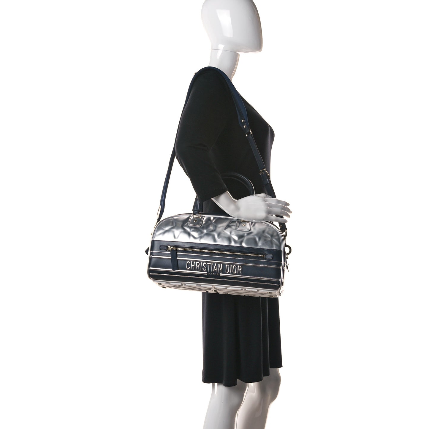 Padded Étoile Calfskin Embossed Medium Dior Vibe Zip Bowling Bag Silver Black