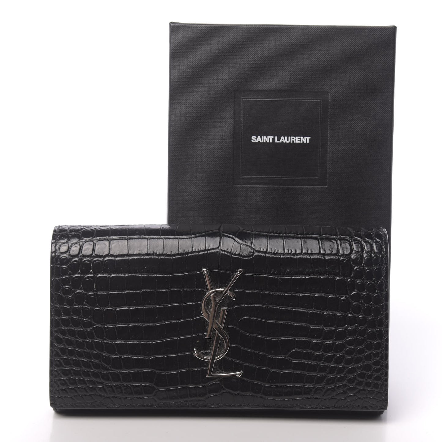 Calfskin Crocodile Embossed Monogram Flap Wallet Black