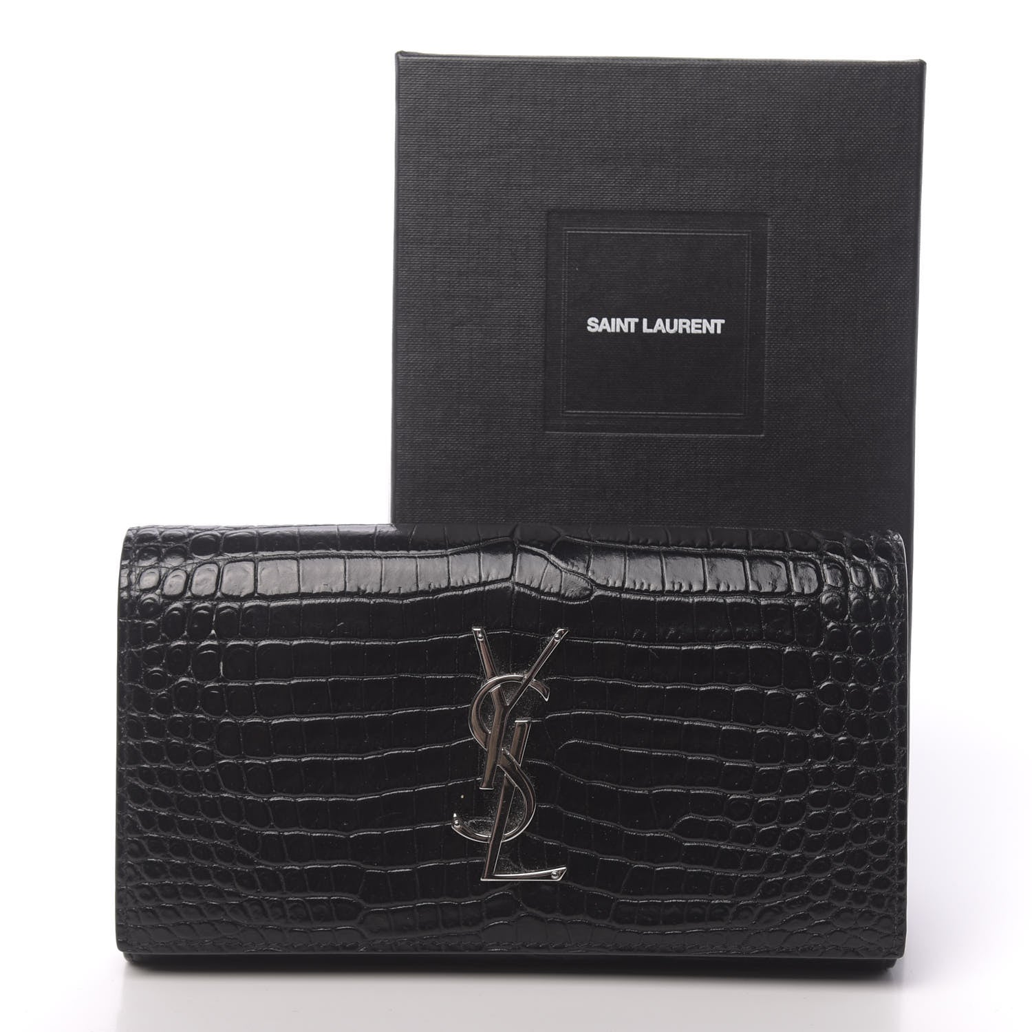 Saint Laurent Calfskin Crocodile Embossed Monogram Flap Wallet Black 7 of 7