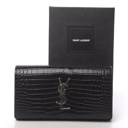Saint Laurent Calfskin Crocodile Embossed Monogram Flap Wallet Black 7 of 7