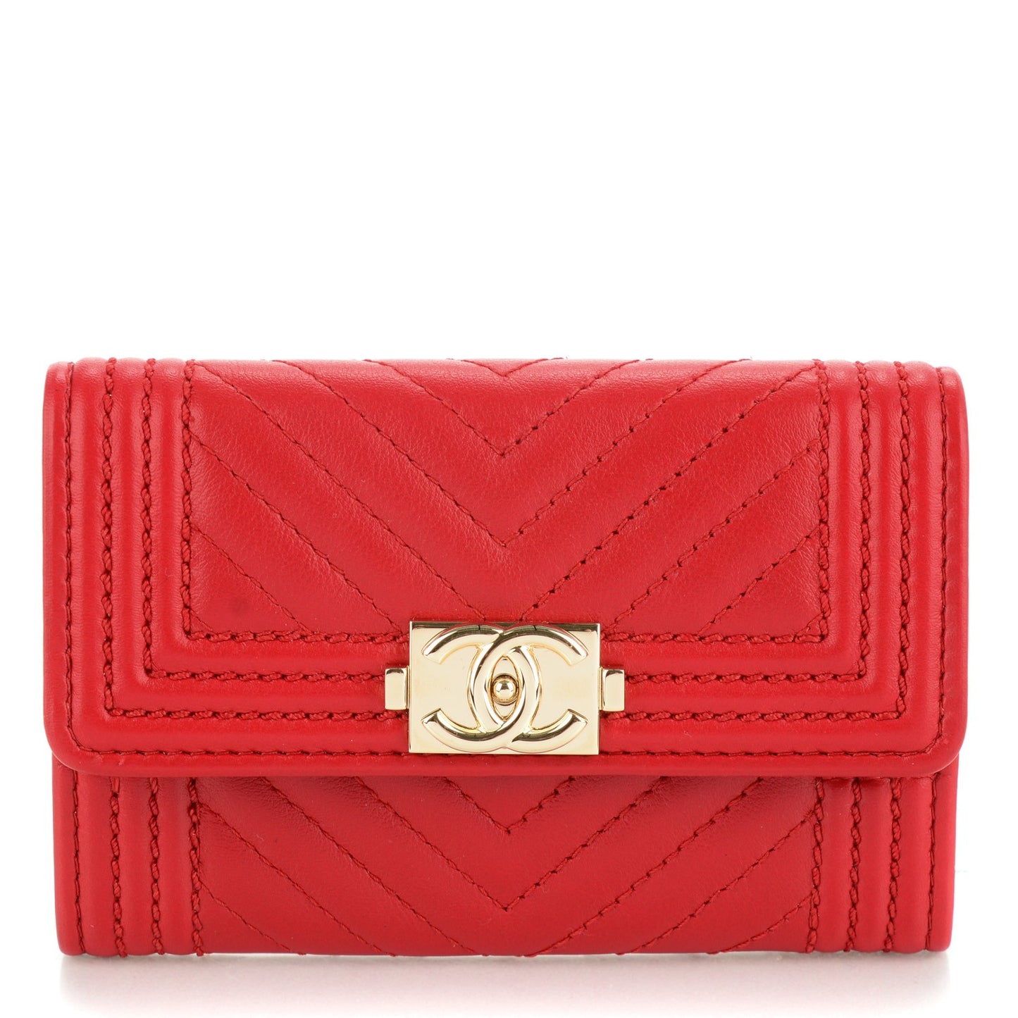 Calfskin Chevron Quilted Boy Card Holder Wallet Red