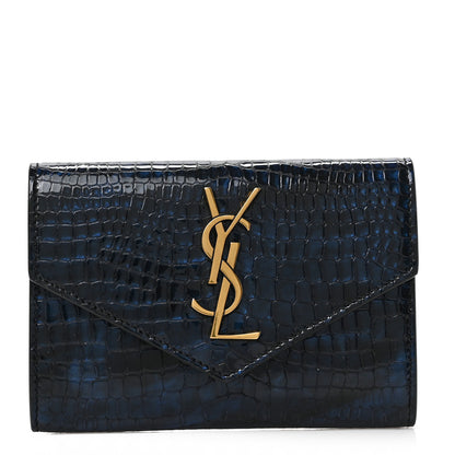 Saint Laurent Calfskin Crocodile Embossed Small Monogram Envelope Wallet Blue 1 of 6
