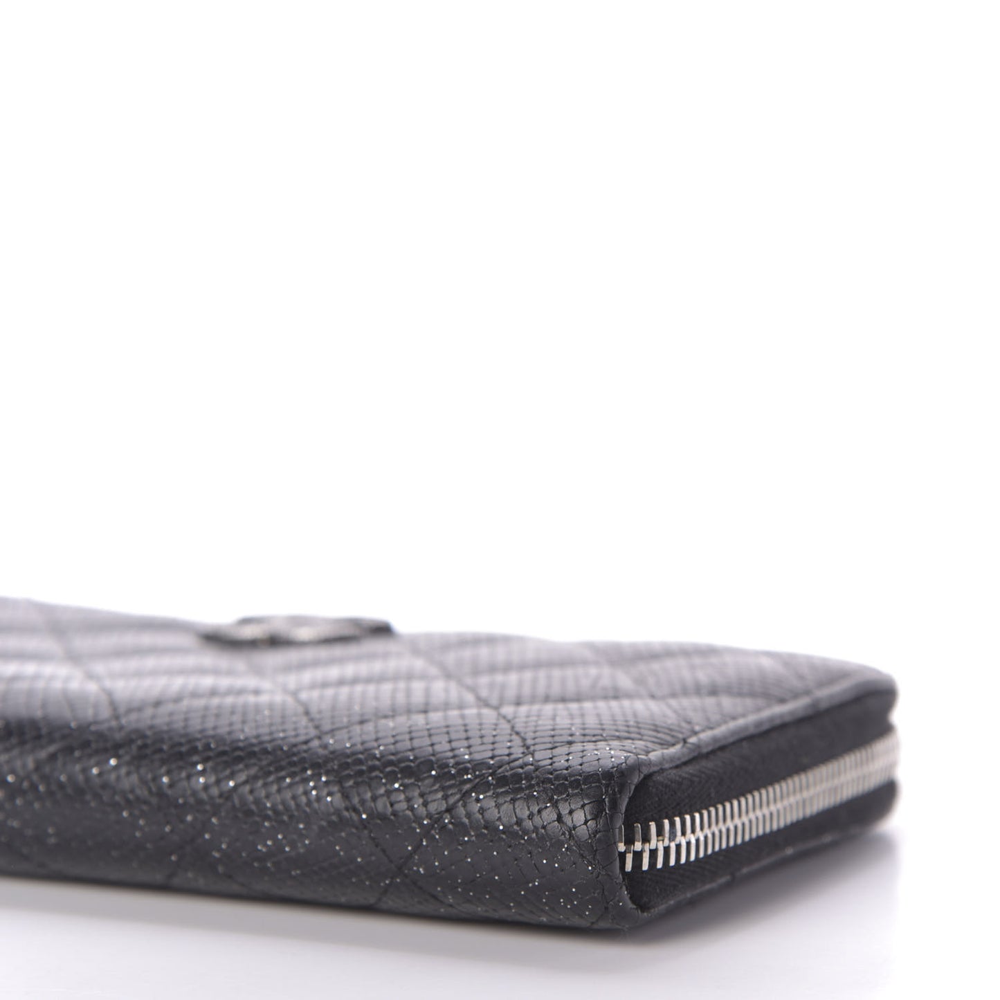 Glittered Calfskin Quilted Large Gusset Zip Wallet Black
