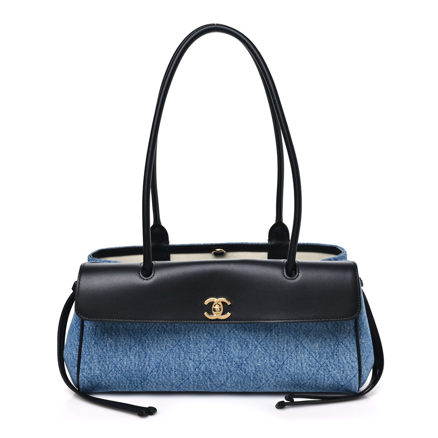 Calfskin Denim Stitched Urban Essentials Small Shopping Bag Blue Black