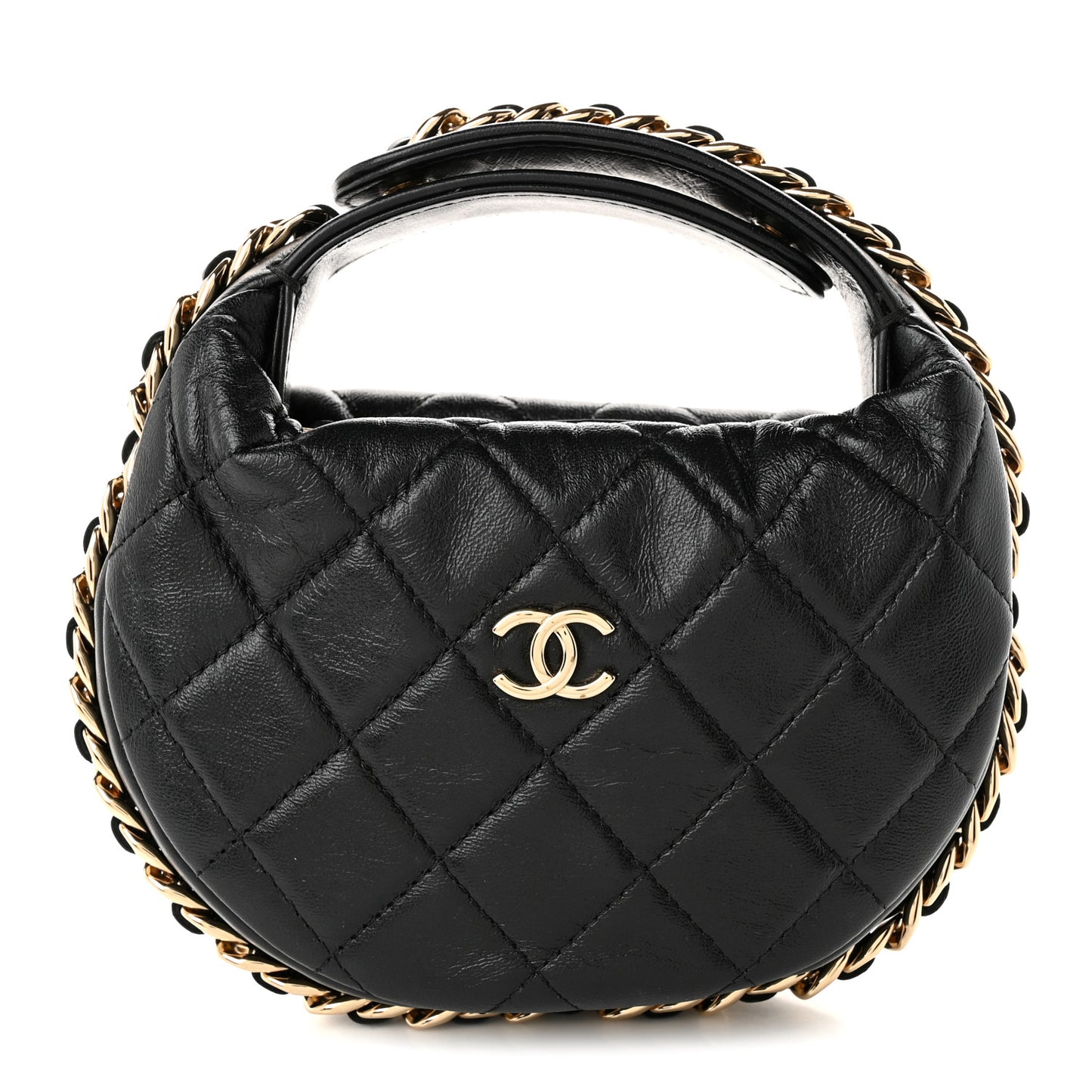 Lambskin Quilted Chain Around Pouch Hobo Black