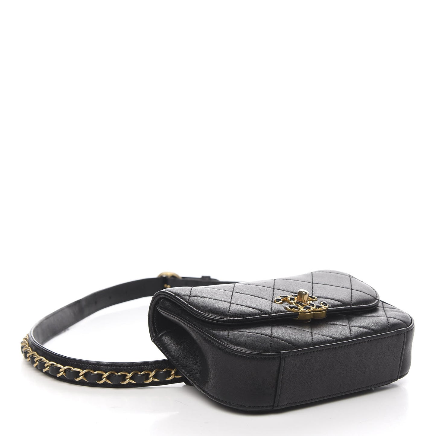 Lambskin Quilted Chain Infinity Waist Belt Bag Black