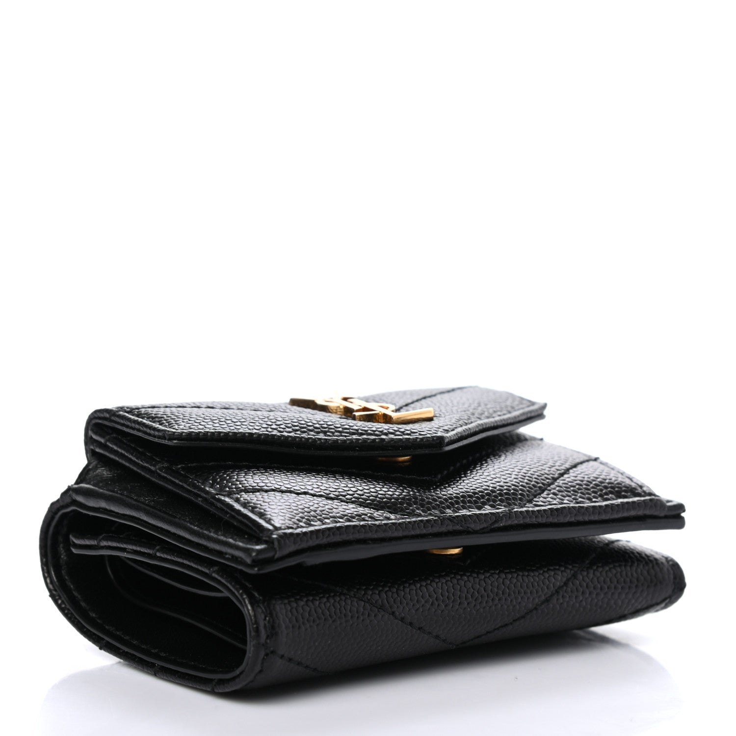 Saint Laurent Grain De Poudre Matelasse Chevron Monogram Compact Tri Fold Pocket Wallet Black 4 of 7