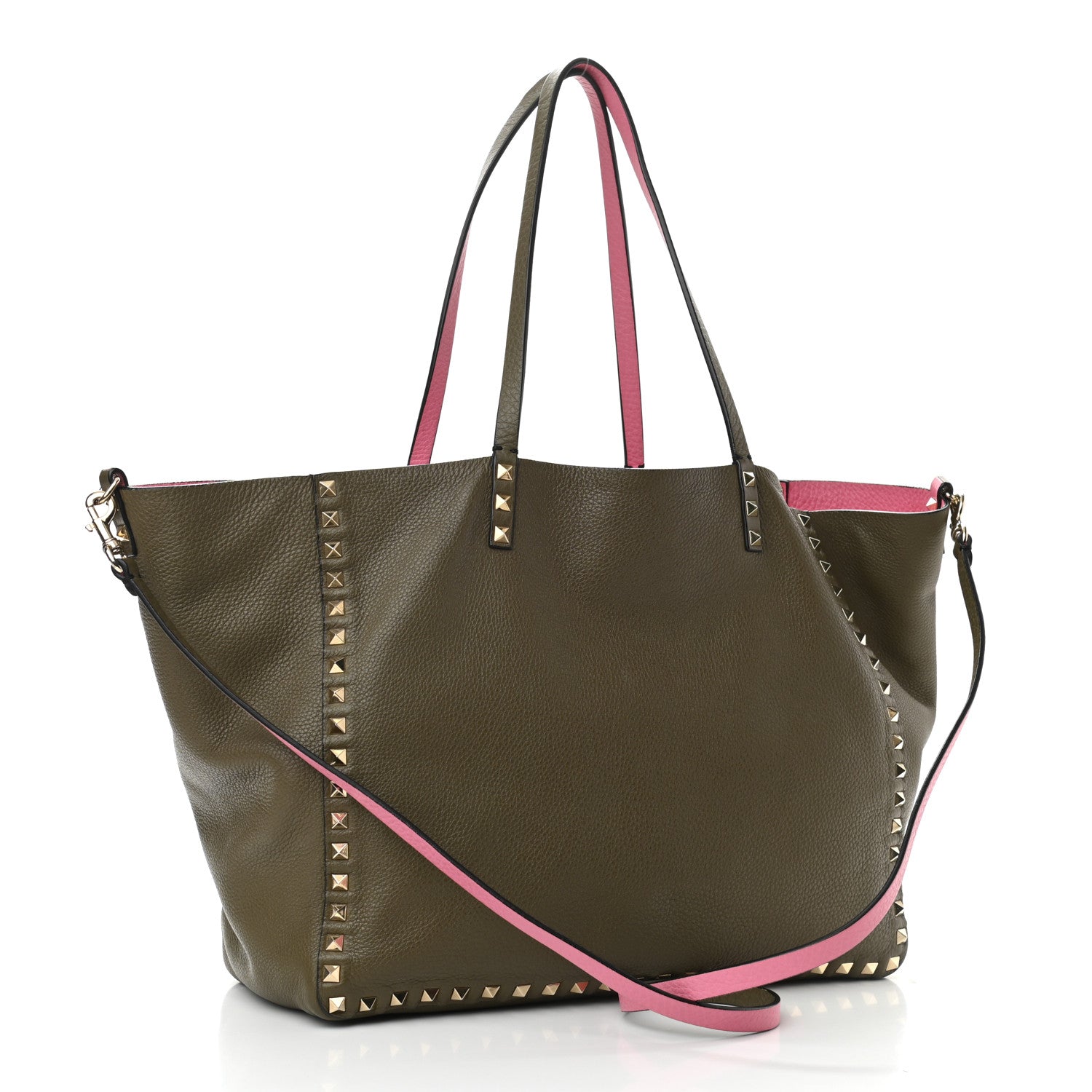 Valentino Garavani Grained Calfskin Medium Rockstud Reversible Tote Army Green Pink 4 of 16