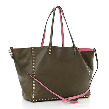 Valentino Garavani Grained Calfskin Medium Rockstud Reversible Tote Army Green Pink 4 of 16