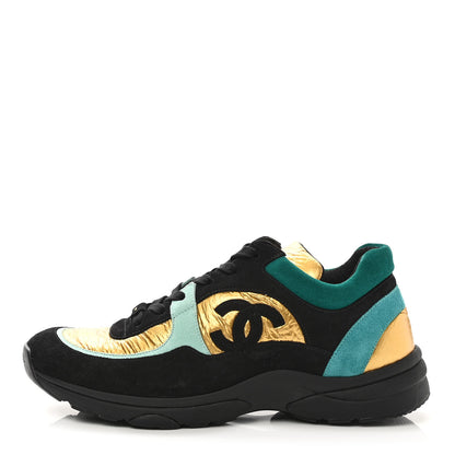 Chanel Fabric Calfskin Suede CC Womens Sneakers 40.5 Black Turquoise Gold 1 of 8