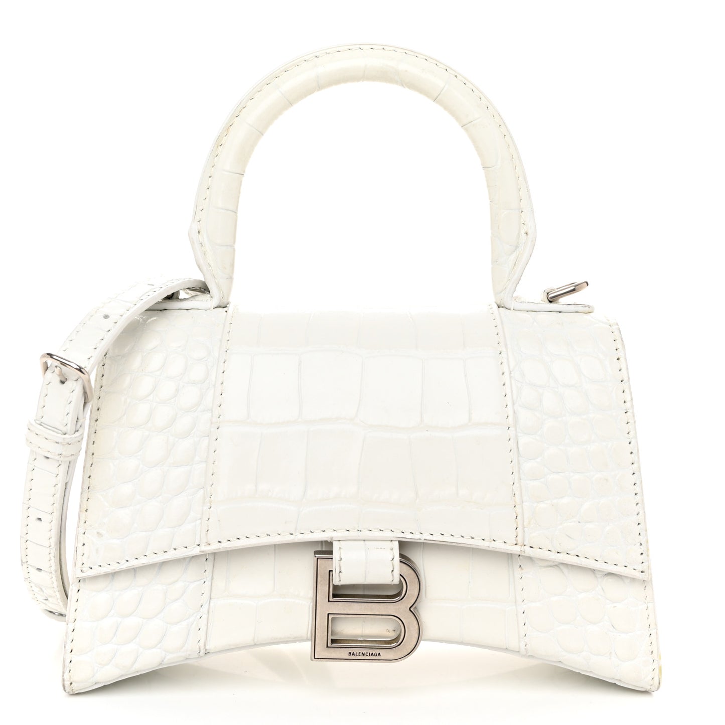 Shiny Calfskin Crocodile Embossed Hourglass Top Handle Bag XS White
