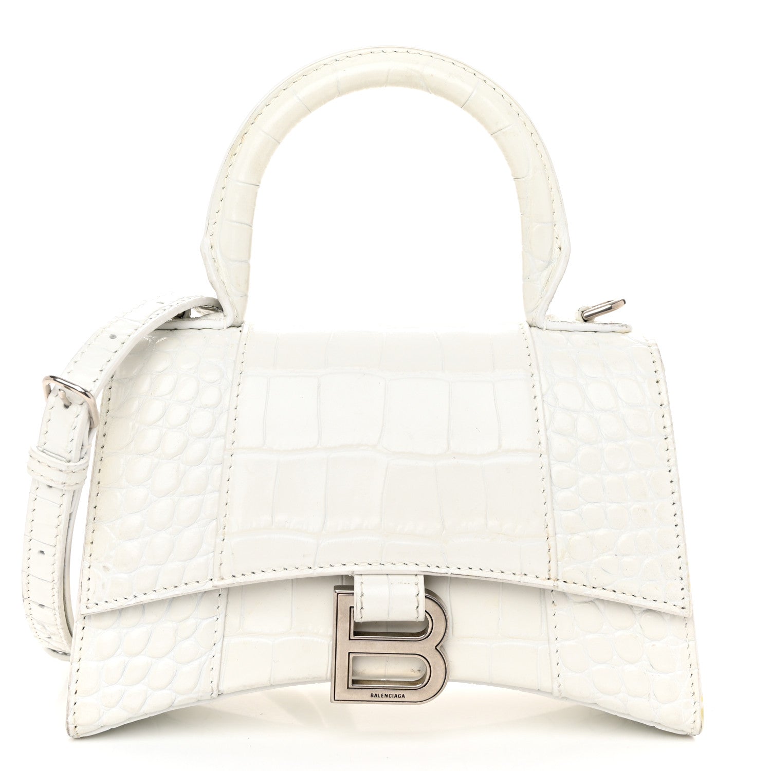 Balenciaga Shiny Calfskin Crocodile Embossed Hourglass Top Handle Bag XS White 1 of 11