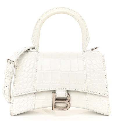 Balenciaga Shiny Calfskin Crocodile Embossed Hourglass Top Handle Bag XS White 1 of 11
