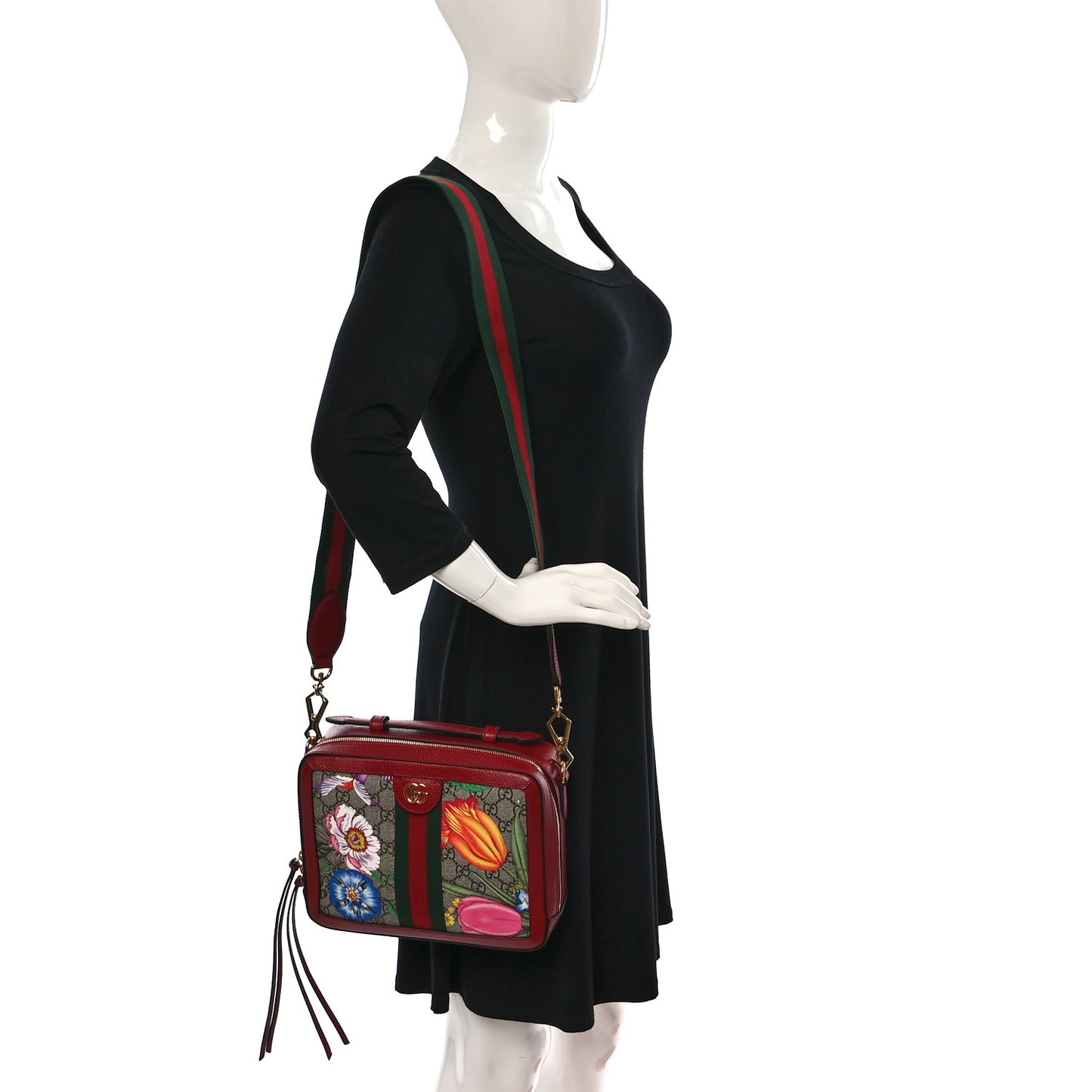GG Supreme Monogram Flora Web Small Ophidia Top Handle Shoulder Bag Hibiscus Red