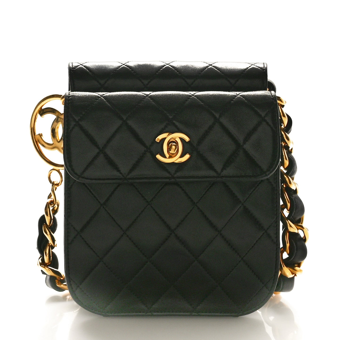 Lambskin Quilted Flap Waist Belt Bag Black