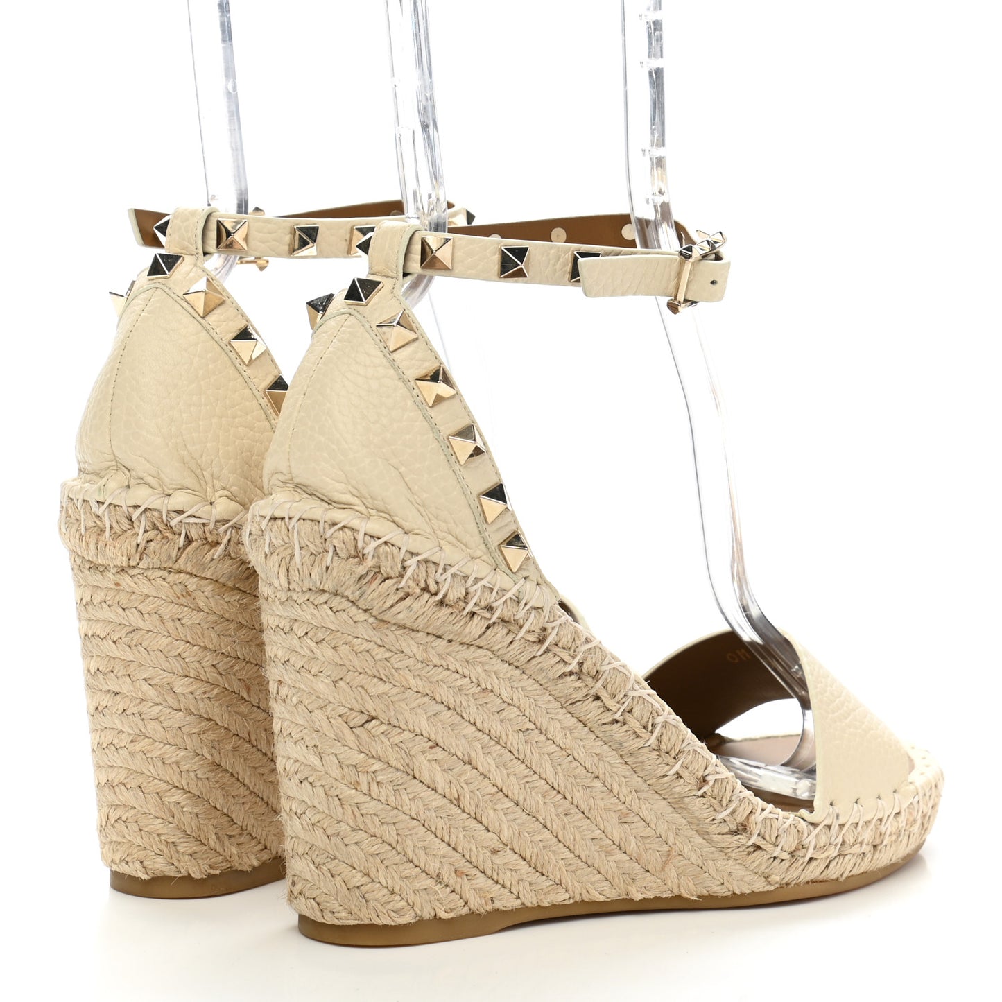 Grained Calfskin Rockstud Ankle Strap Espadrille Wedge Sandals 38 Light Ivory