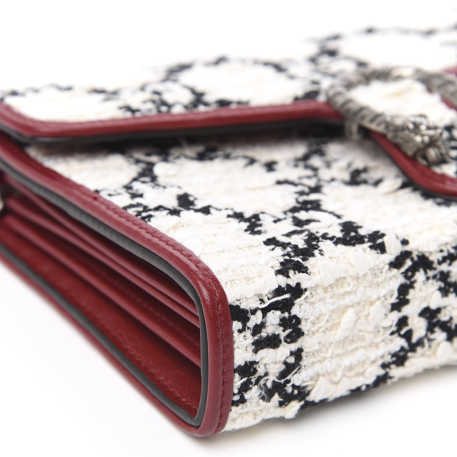 Gucci Tweed GG Monogram Mini Dionysus Chain Wallet White Black Romantic Cherry 8 of 10