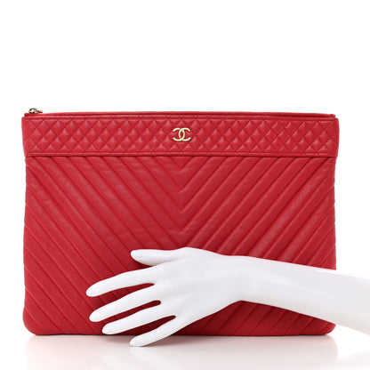 Chanel Caviar Chevron Quilted Large Cosmetic Case Red 2 of 9