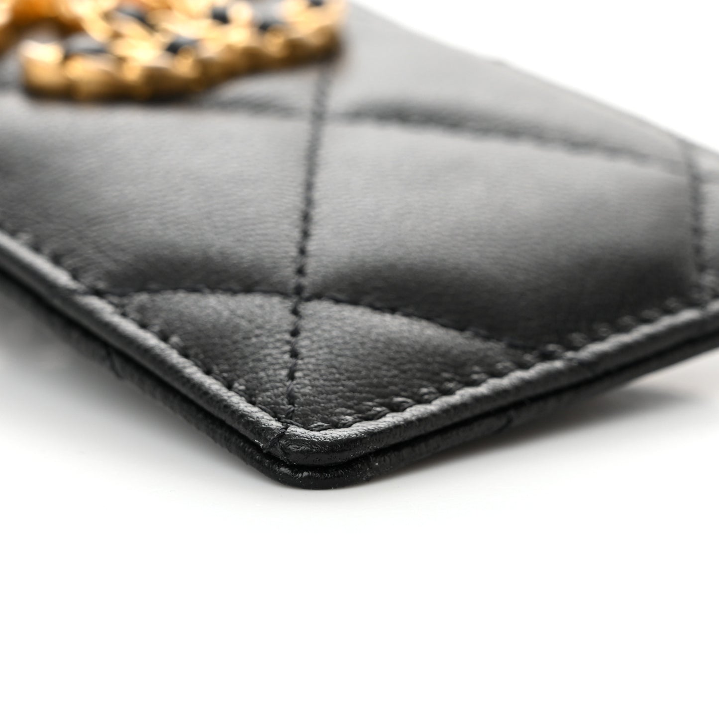 Shiny Goatskin Quilted Chanel 19 Card Holder On Chain Black