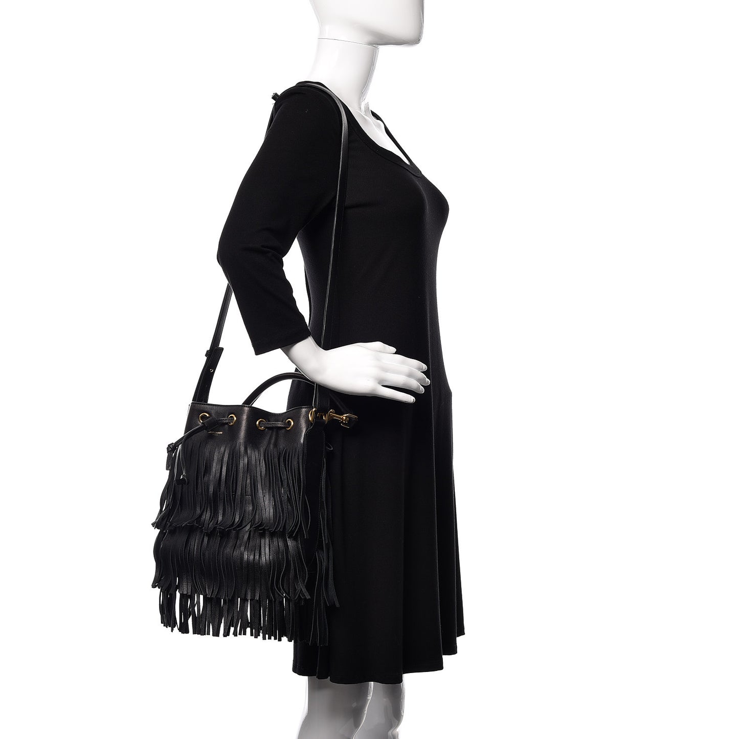 Calfskin Small Emmanuelle Fringe Bucket Bag Black