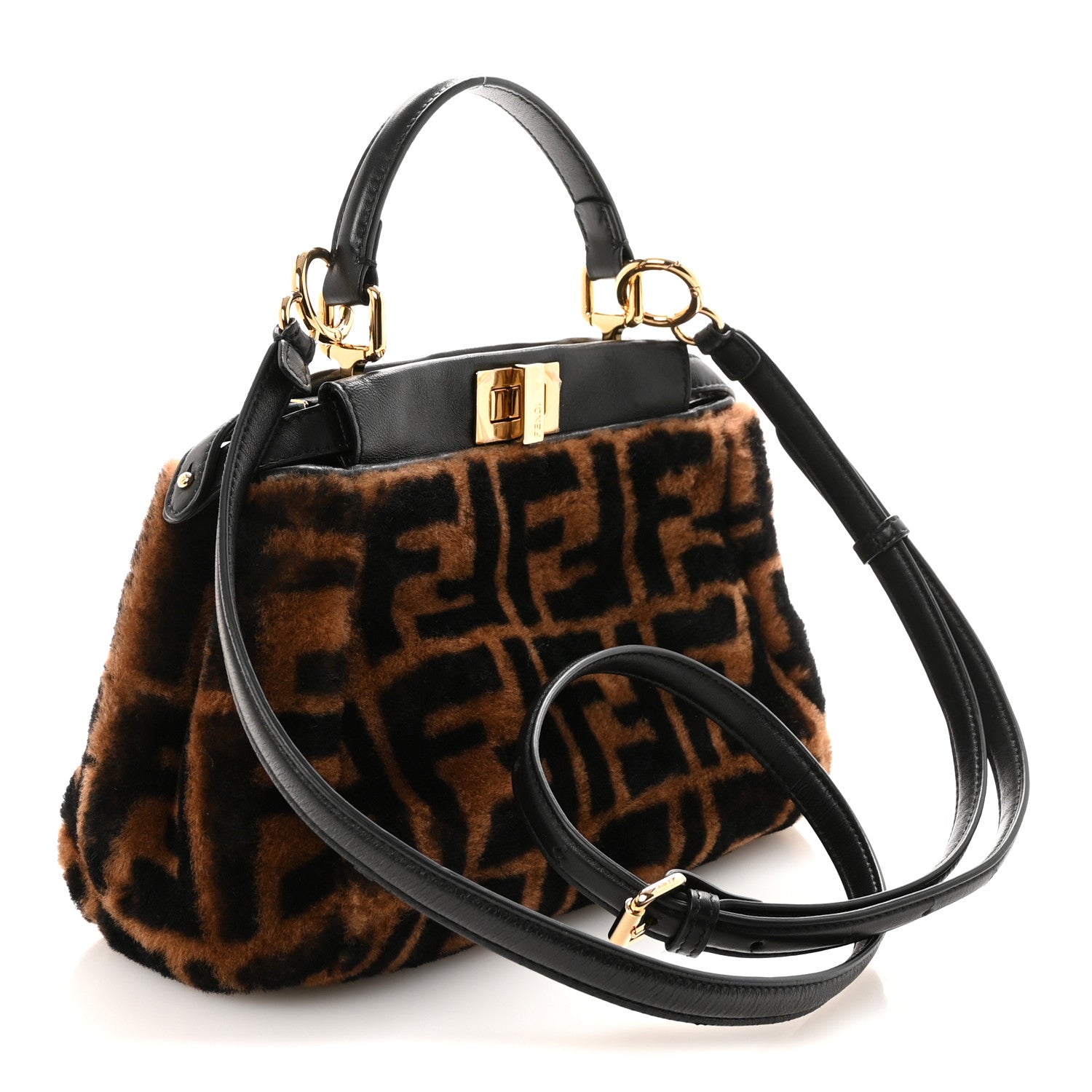 Fendi Shearling Nappa Macro FF 1974 Mini Peekaboo Iconic Satchel Tobacco Black 3 of 9