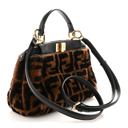 Fendi Shearling Nappa Macro FF 1974 Mini Peekaboo Iconic Satchel Tobacco Black 3 of 9