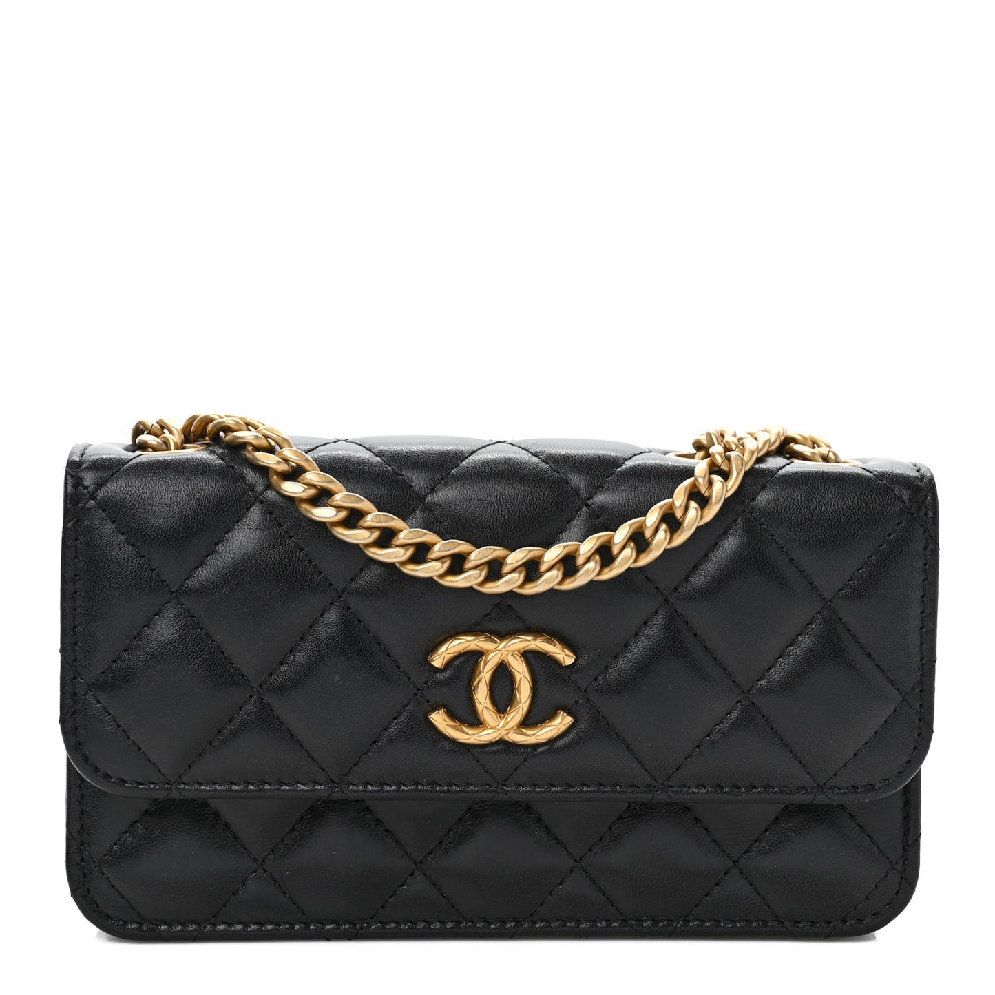Lambskin Quilted Dynasty Flap Phone Holder With Chain Black
