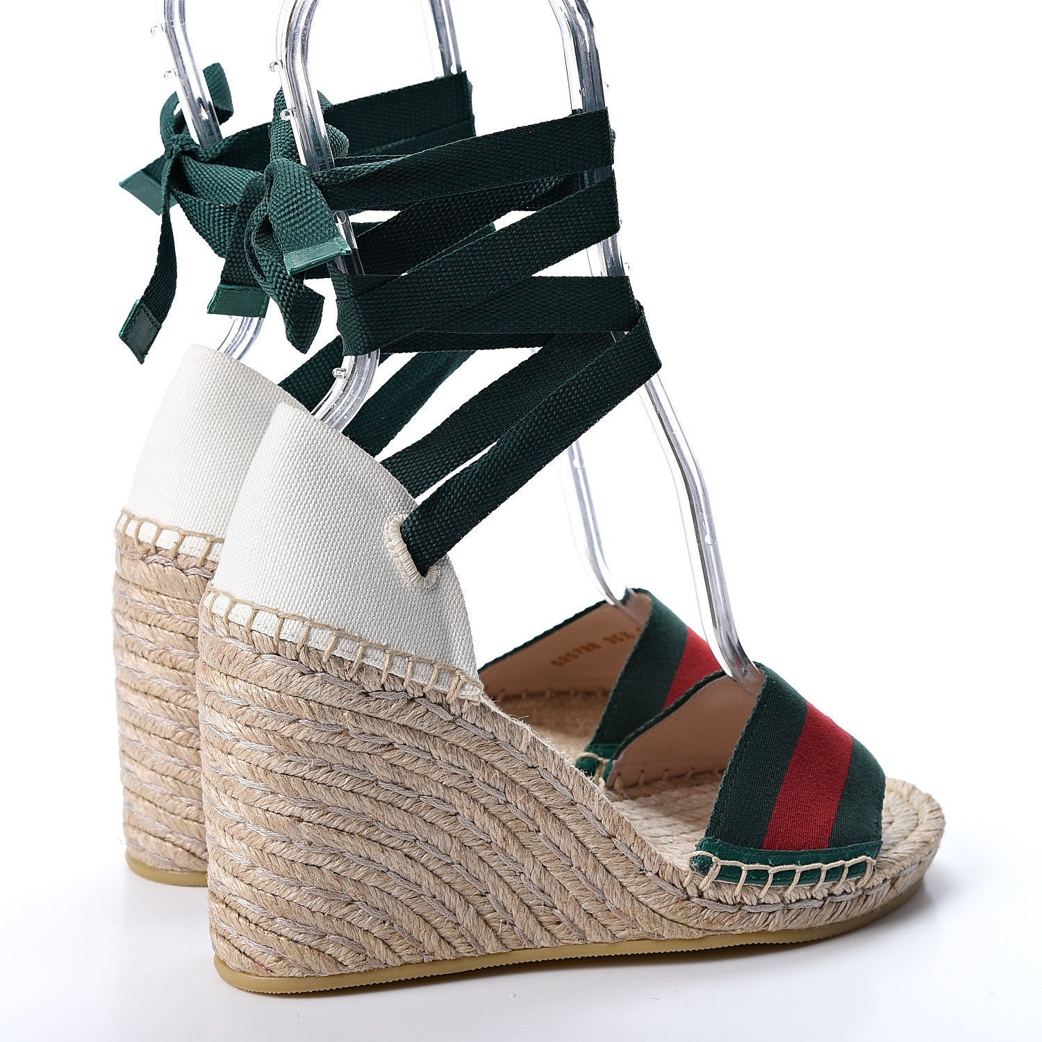 Gucci Canvas Malaga Kid Web Ankle Wrap Espadrille Wedge Sandals 35.5 Green Red Mystic White Emerald 4 of 12