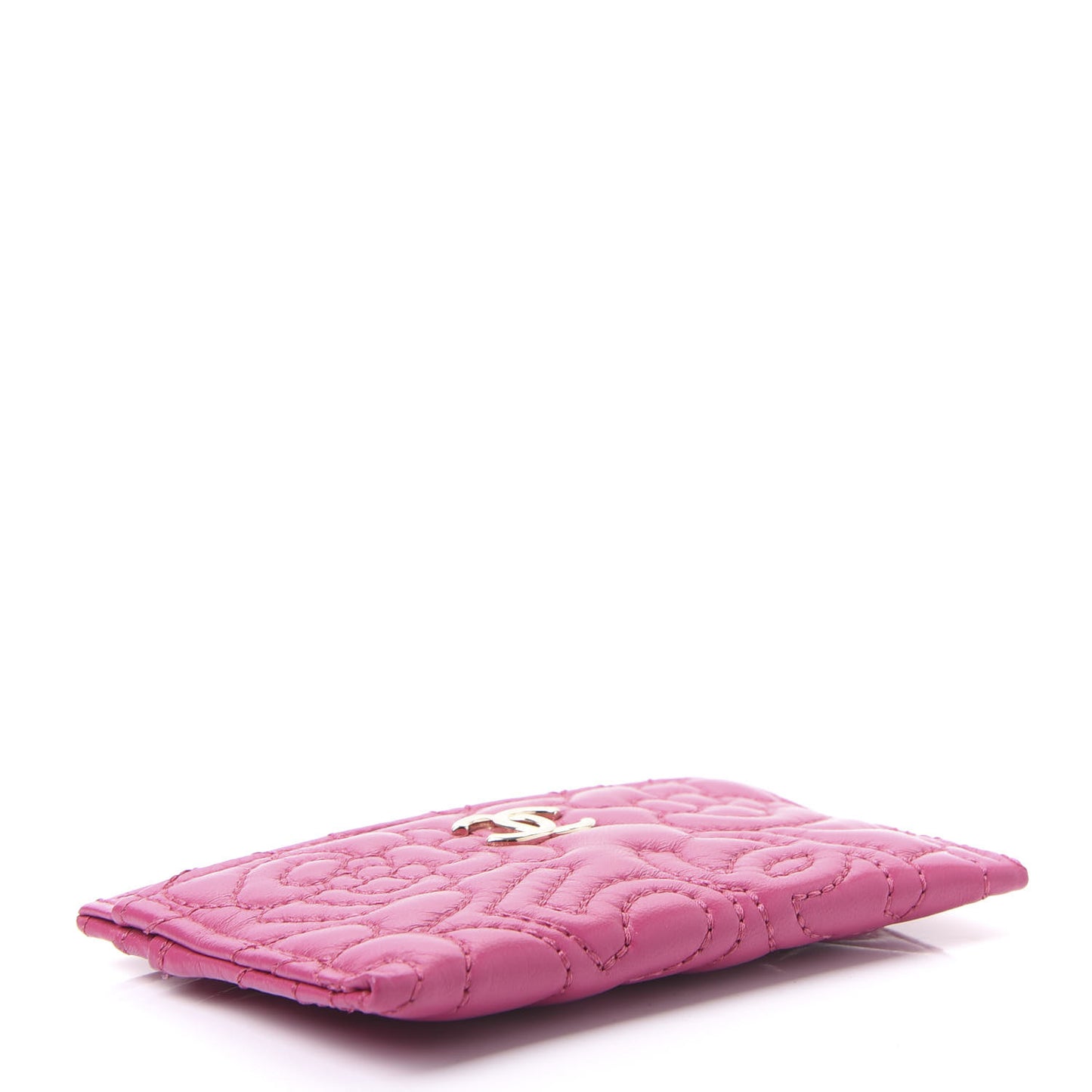 Lambskin Camellia Embossed Card Holder Fuchsia
