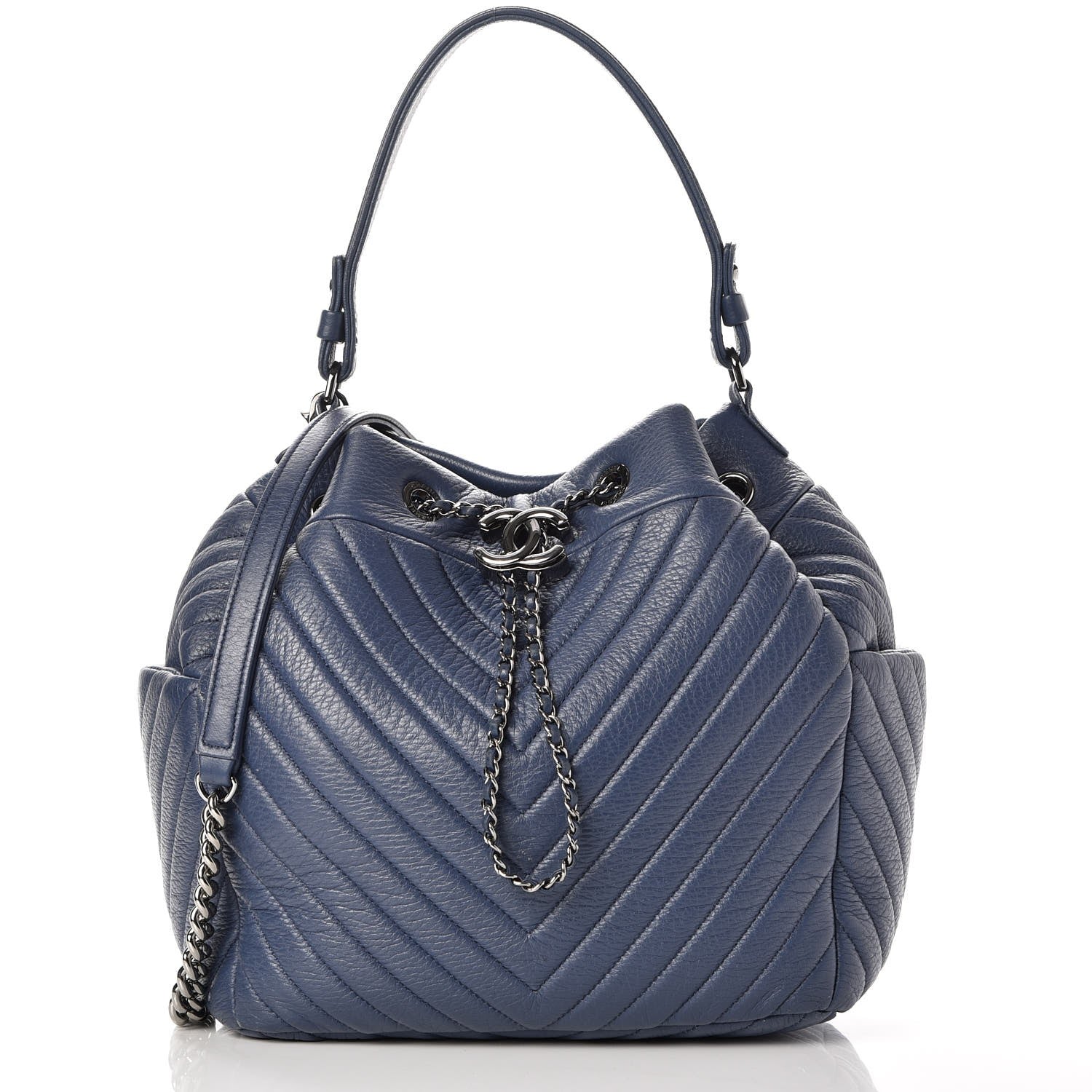 Chanel Deerskin Chevron Medium Chain Bucket Bag Blue 1 of 9