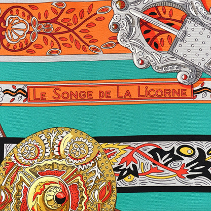 Hermes Silk Le Songe De La Licorne Scarf 90 Vert Orange Black 5 of 5